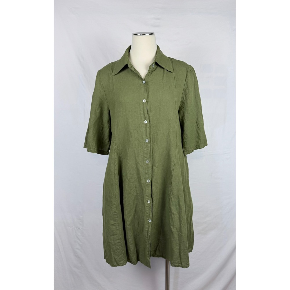 Francesca Bettini Italian Linen Blend Shirt Dress Olive Green L Lagenlook Earthy